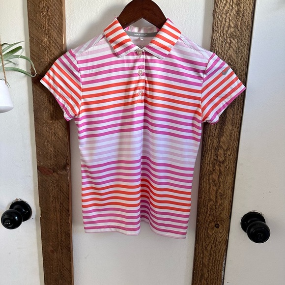 Y2K Nike Golf Ladies Polo Dri Slim Fit Sz Med Stripes Pink Orange Short Sleeve - Picture 10 of 16